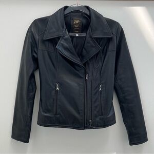 Zip Genuine Italian Leather Black Moto Jacket - Size 40